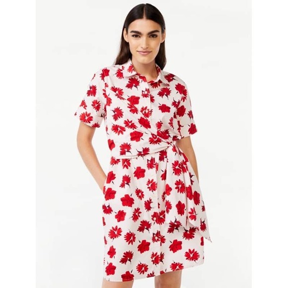 [SOLD] Floral Wrap Shirt Dress Womens XS White Red - Picture 2 of 13